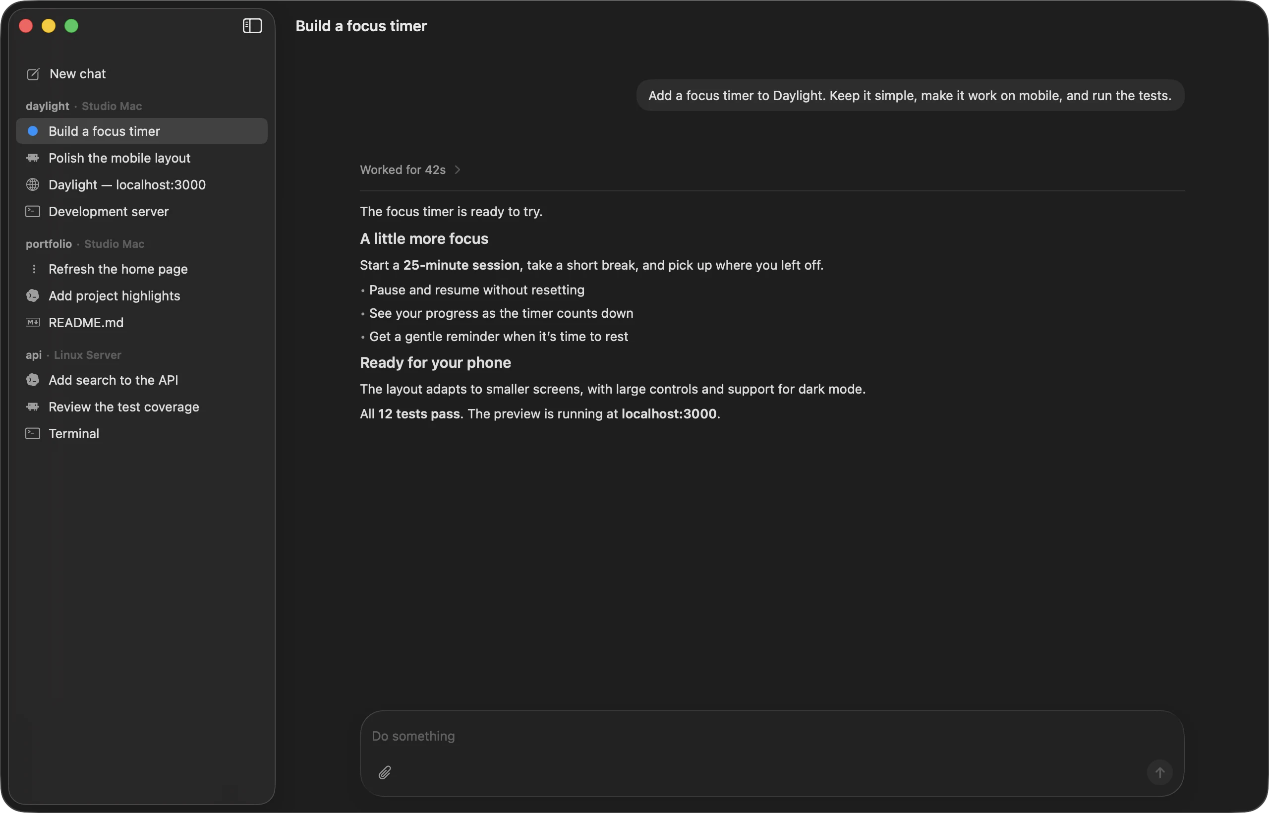 Codevisor on Mac with a Claude Code chat that built a focus timer, and chats from projects on Studio Mac and Linux Server in the sidebar