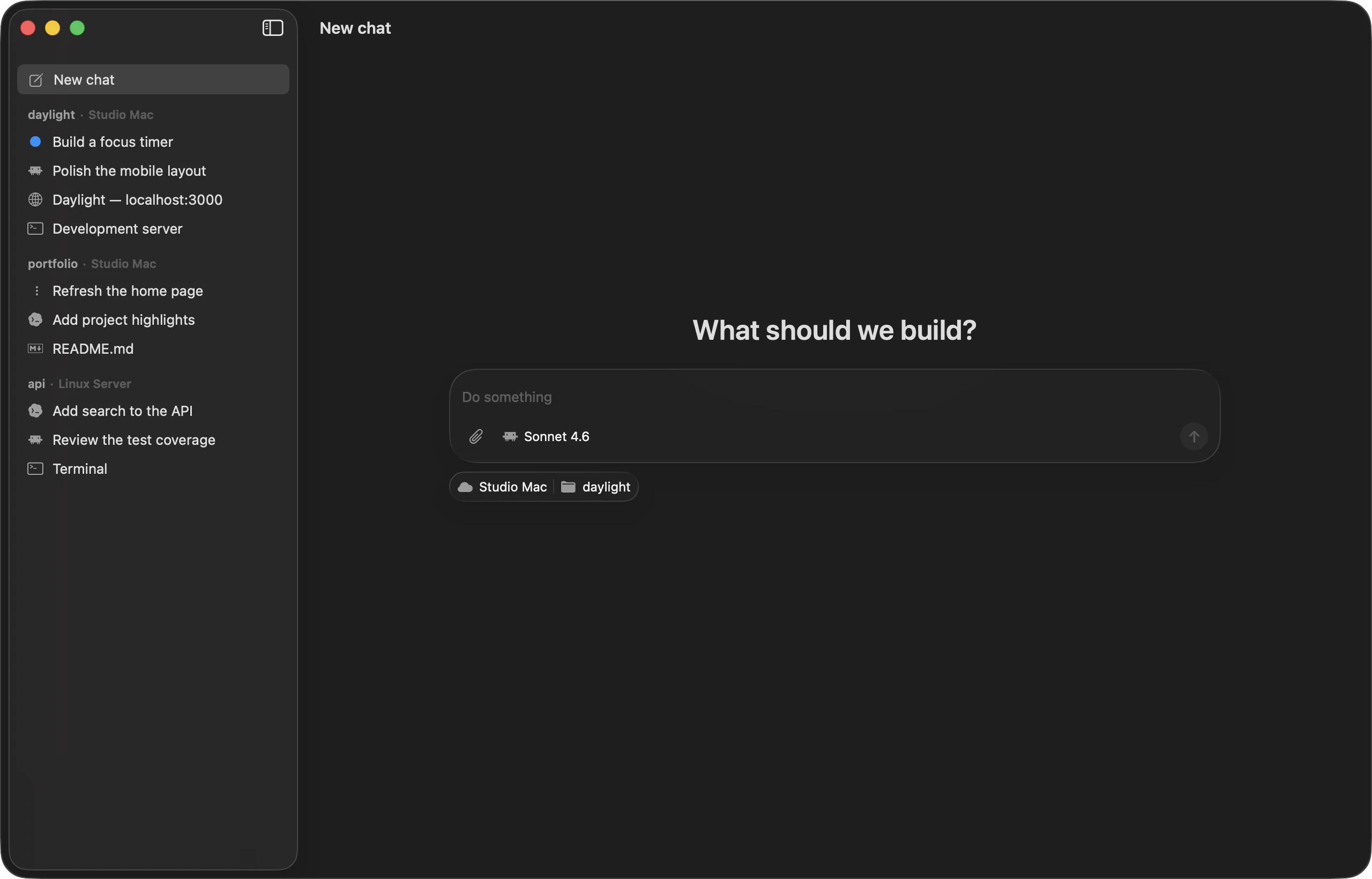 Codevisor's new chat page on Mac, targeting the daylight project on Studio Mac with Sonnet 4.6